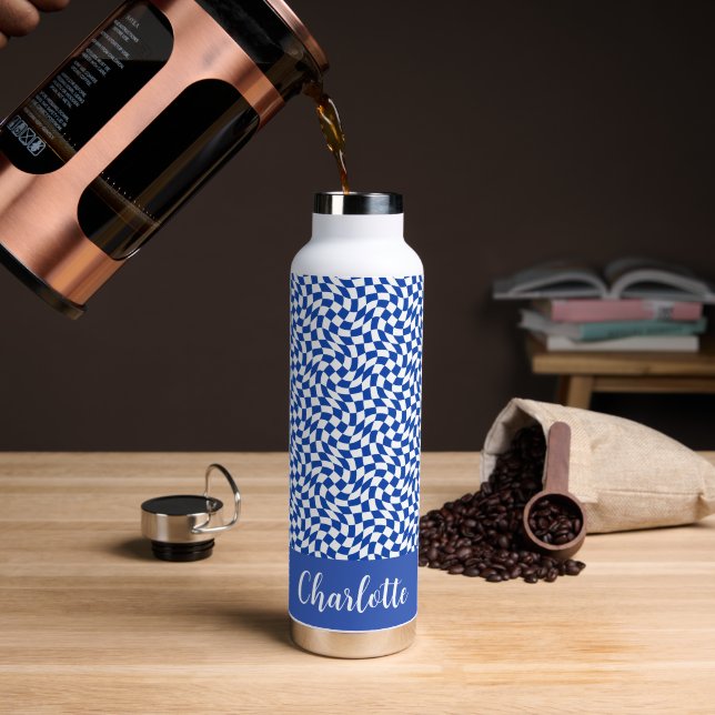 90's theme blue checkered name monogram water bottle (Coffee (Rotated))