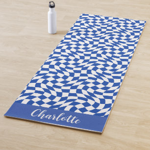 90's theme blue checkered name monogram yoga mat