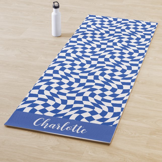 90's theme blue checkered name monogram yoga mat (In Situ)