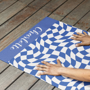 90's theme blue checkered name monogram yoga mat