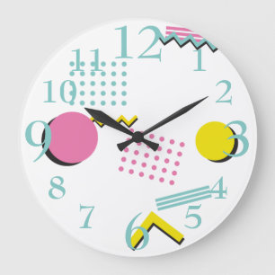 90s Theme Colorful Retro Memphis Pattern Large Clock