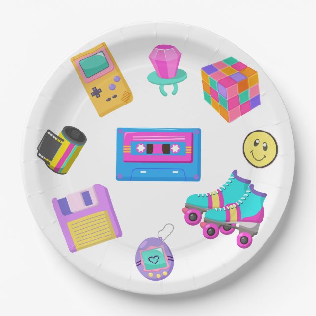90s Theme Retro Birthday Party Paper Plates (Front)