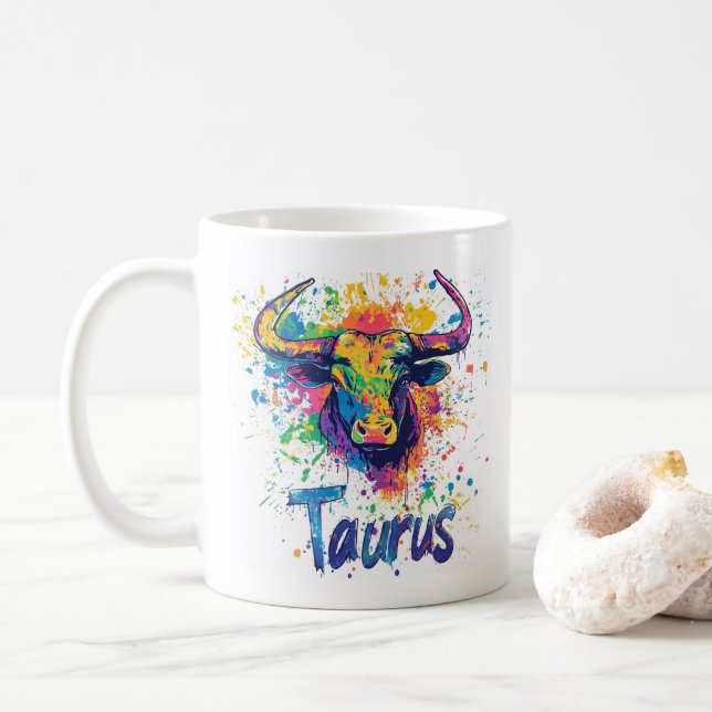 "90s Throwback Taurus: Splatter Paint Mug" Coffee Mug (With Donut)