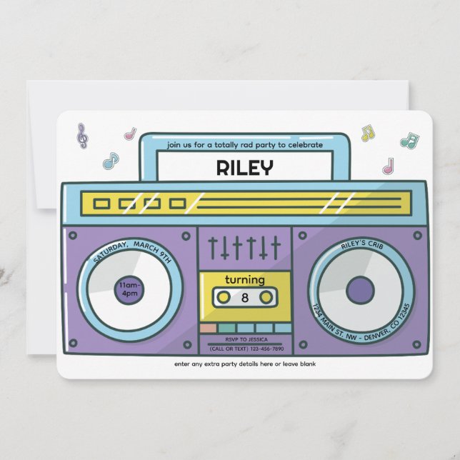 90's Totally Rad Boombox Music Theme Birthday  Invitation (Front)