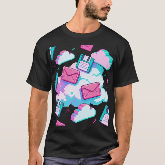 90s Vaporwave Floppy Disk & Pixel Cloud Y2K T-Shirt (Front)