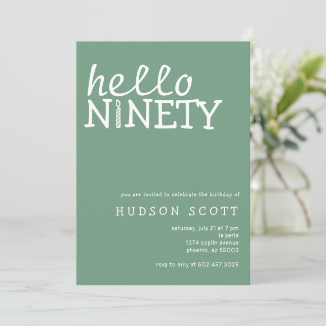  90th Adult Birthday Party Hello Ninety Sage Green Invitation (Standing Front)