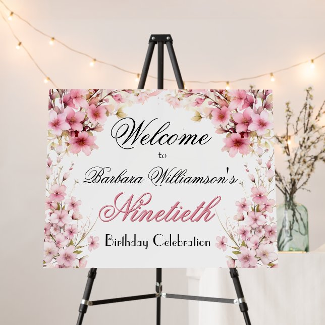 90th Any Year Birthday Painted Floral Welcome Sign (In Situ (Stand))