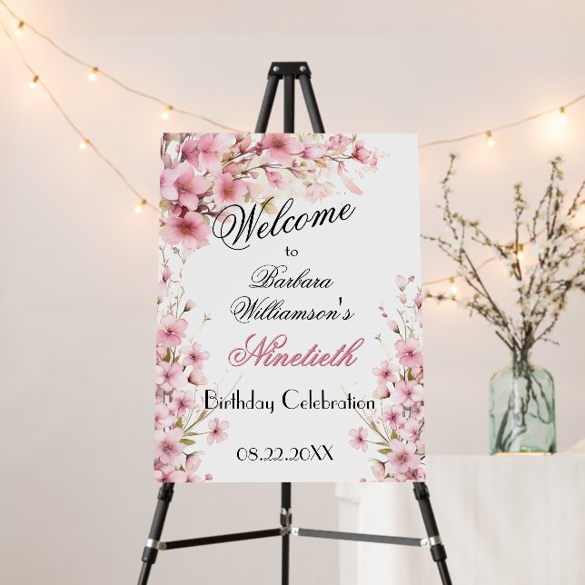 90Th Any Year Birthday Painted Floral Welcome Sign (In Situ (Stand))