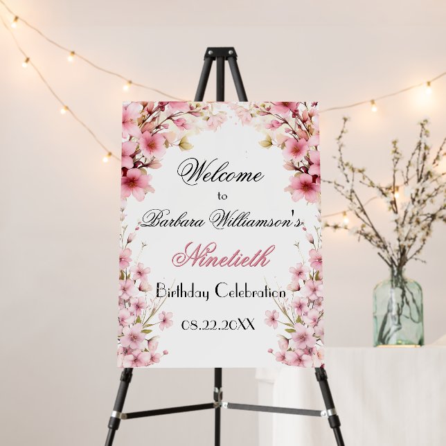90Th Any Year Birthday Painted Floral Welcome Sign (In Situ (Stand))