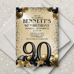 90th Balloons Black Gold Birthday Invitation<br><div class="desc">Bunches and bunches of balloons—this design just doesn't hold back! Featuring bold numbers and elegant typography in a space that's literally overflowing with balloons, this design is an instant party-starter. The gold and black color scheme and retro typography set a classic, stylish tone for your event. Perfect for the modern...</div>