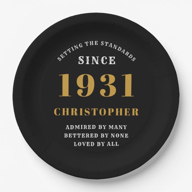 90th Birthday 1931 Black Gold Love Personalized Paper Plates (Front)