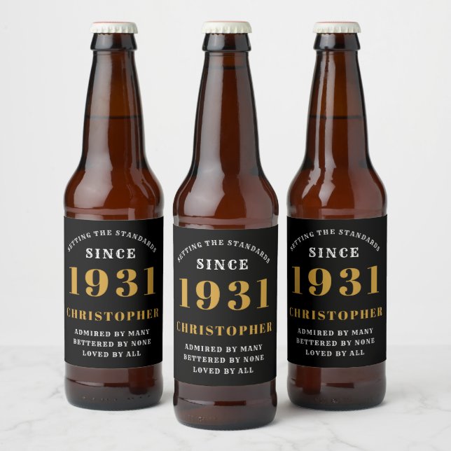 90th Birthday 1931 Black Gold Retro Personalized Beer Bottle Label (Bottles)