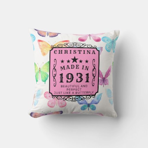 90th Birthday 1931 Elegant Butterfly Personalized Throw Pillow