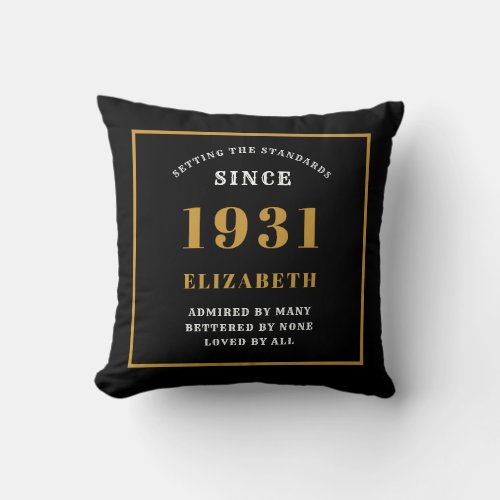 90th Birthday 1931 Elegant Chic Black Personalized Throw Pillow