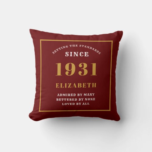 90th Birthday 1931 Elegant Chic Red Personalized Throw Pillow