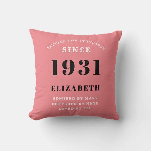 90th Birthday 1931 Personalized Add Your Name Pink Throw Pillow