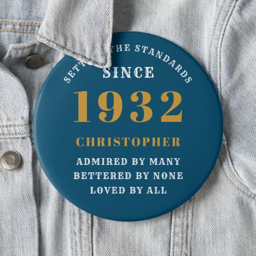 90th Birthday 1932 Elegant Blue Gold Name Year  Button