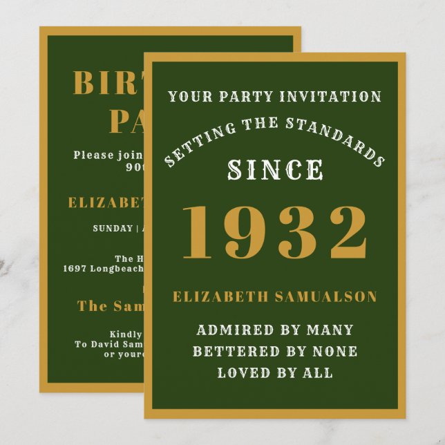 90th Birthday 1932 Elegant Green Gold Name Age Invitation (Front/Back)
