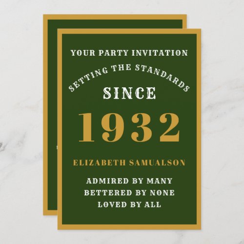 90th Birthday 1932 Elegant Green Gold Name Age Invitation