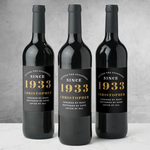 90th Birthday 1933 Black Gold Retro Wine Label
