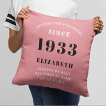 90th Birthday 1933 Pink Girly Elegant Chic Throw Pillow<br><div class="desc">Add a touch of elegance to your home decor with this 1933 Pink Girly Elegant Chic Throw Pillow. This stylish pillow features a custom design of soft pink and grey to bring a luxe and timeless look to your home. The personalized design is perfect for celebrating a special 90th birthday,...</div>