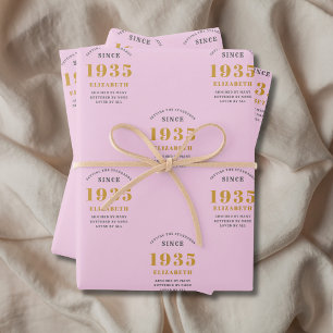 90th Birthday 1935 Add Name Pink Grey Wrapping Paper Sheets