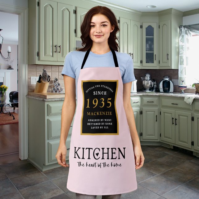 90th Birthday 1935 Name Elegant Black Gold Pink Apron (Long Pink Apron for those born in 1935)