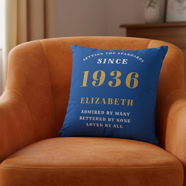 90th Birthday 1936 Add Name Blue Gold Personalized Throw Pillow (1936 blue cushion on orange chair)