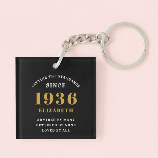 90th Birthday 1936 Black Gold For Her Personalized Keychain (Born 1936 birthday keychain. Pastel background.)