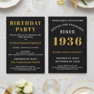 90th Birthday 1936 Black Gold Personalized For Him Invitation