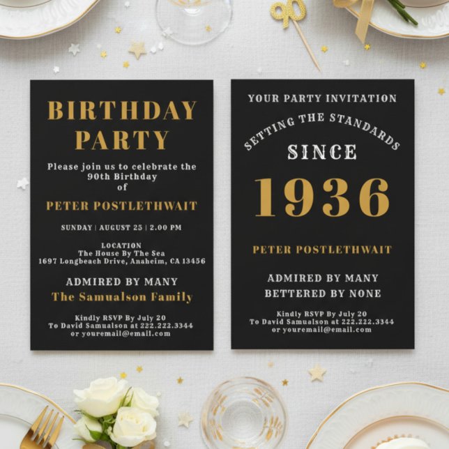 90th Birthday 1936 Black Gold Personalized For Him Invitation (1936 invitation. White background.)