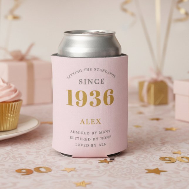 90th Birthday 1936 Keepsake Elegant Personalized Can Cooler (1936 pink can cooler on a light pink background)