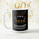 90th Birthday 1936 Legendary Retro Coffee Mug<br><div class="desc">For those born in 1936 and celebrating their 90th birthday we have the ideal birthday coffee mug. The black background with a white and gold vintage typography design design is simple and yet elegant with a retro feel. Easily customize the text of this birthday gift using the template provided. More...</div>