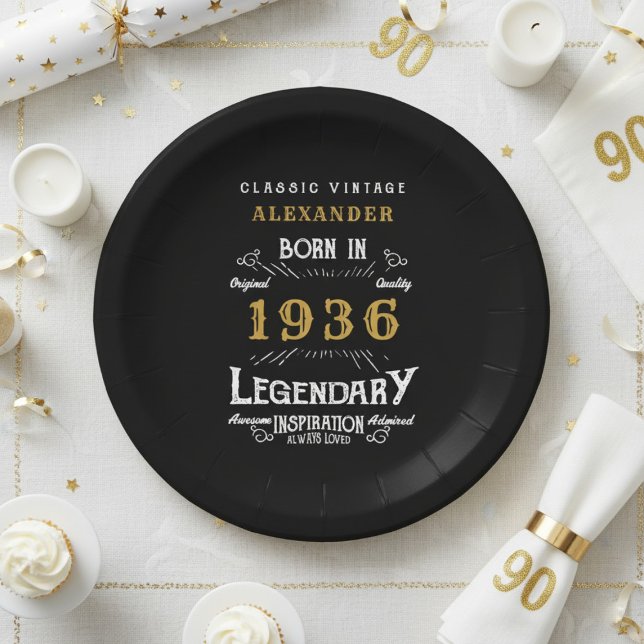 90th Birthday 1936 Legendary Retro Paper Plates (Born 1936 black paper plate on a white table cloth.)