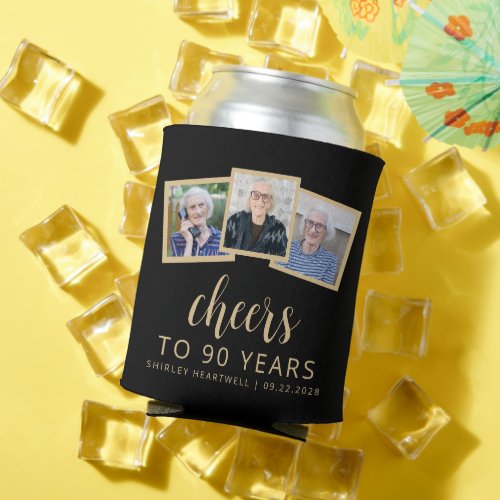 90th Birthday 3_Photo Black Gold Script Cheers Can Cooler