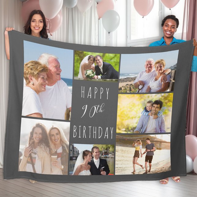 90th Birthday 7 Photo Collage Dark Grey Fleece Blanket (Creator Uploaded)