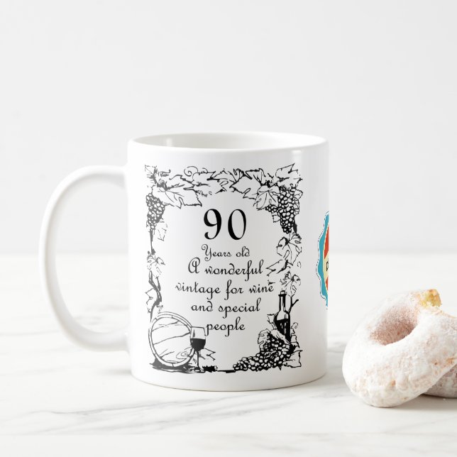 90th Birthday 90 Year Old Vintage Wine Personalize Coffee Mug (With Donut)