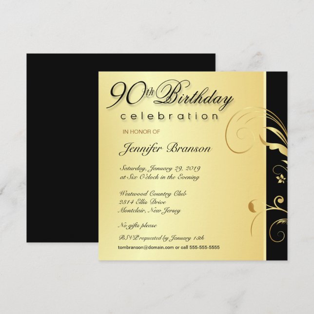 90th Birthday Adult - Elegant Gold Floral Invites (Front/Back)