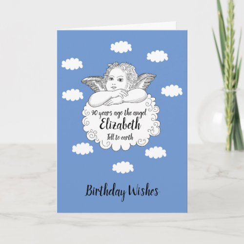 90th Birthday Angel Clouds Add Your Name Blue Card