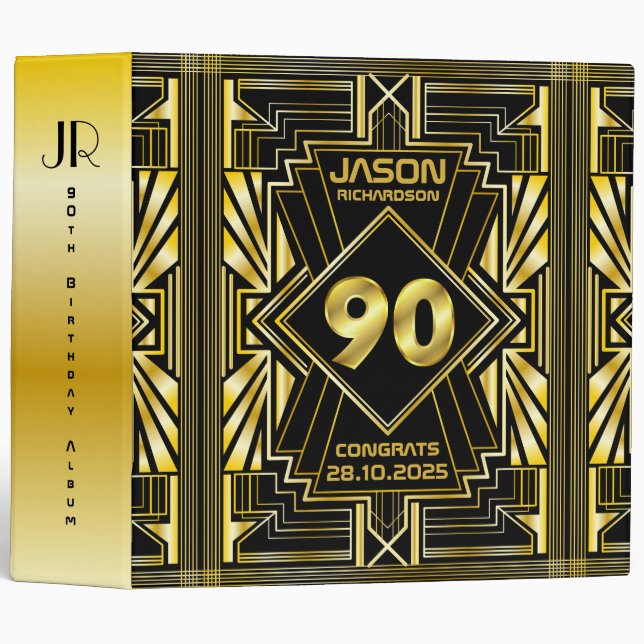 90th Birthday Art Deco Gold Black Great  3 Ring Binder (Front/Spine)