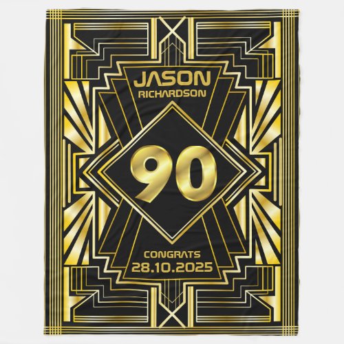 90th Birthday Art Deco Gold Black Great Gatsby Fleece Blanket