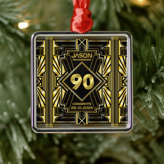 90th Birthday Art Deco Gold Black Great Gatsby Metal Ornament (Tree)