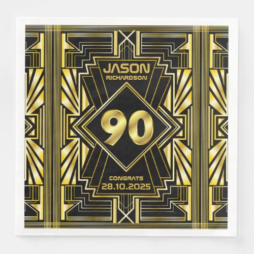 90th Birthday Art Deco Gold Black Great Gatsby Paper Dinner Napkins
