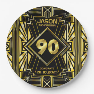 90th Birthday Art Deco Gold Black Great Gatsby Paper Plates