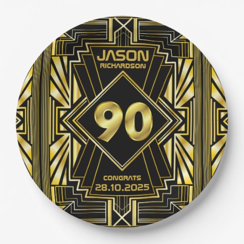 90th Birthday Art Deco Gold Black Great Gatsby Paper Plates
