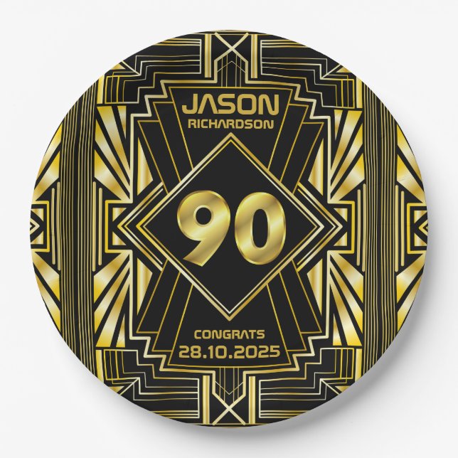 90th Birthday Art Deco Gold Black Great Gatsby Paper Plates (Front)