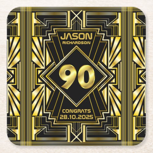 90th Birthday Art Deco Gold Black Great Gatsby Square Paper Coaster