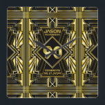 90th Birthday Art Deco Gold Black Great Gatsby Square Wall Clock<br><div class="desc">Celebrate your milestone birthday in style with this unique Art Deco-style,  Great Gatsby-inspired design featuring geometric shapes in bright gold over black background. An elegant,  classy,  gender neutral look perfect for commemorating that special birthday with the jazz-infused taste of the Roaring Twenties.</div>