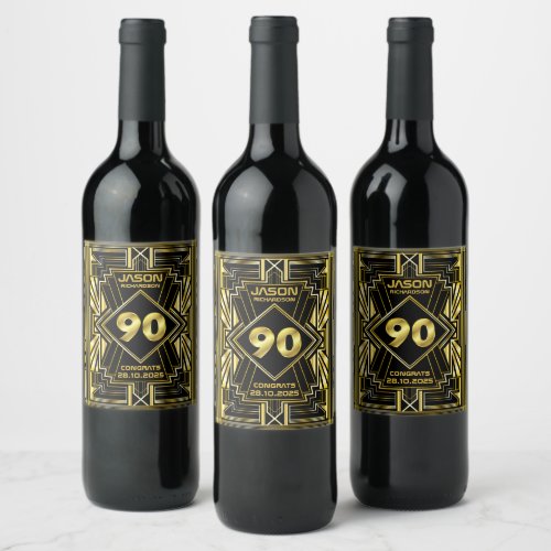 90th Birthday Art Deco Gold Black Great Gatsby Wine Label