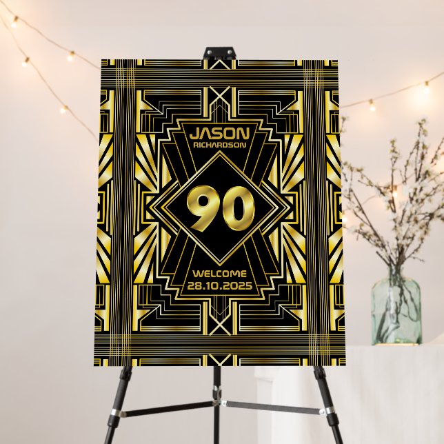 90th Birthday Art Deco Great Gatsby Welcome Gold Foam Board (In Situ (Stand))